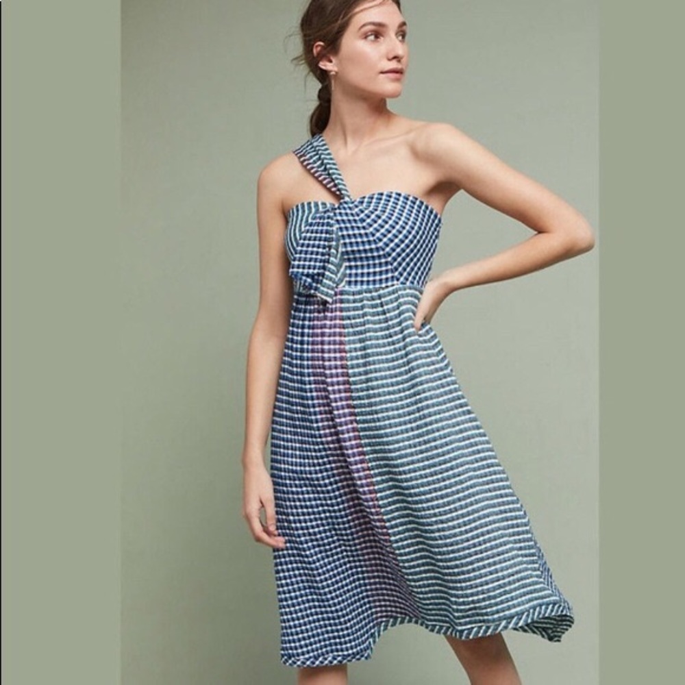 Maeve Anthropologie One Shoulder Gingham Dress